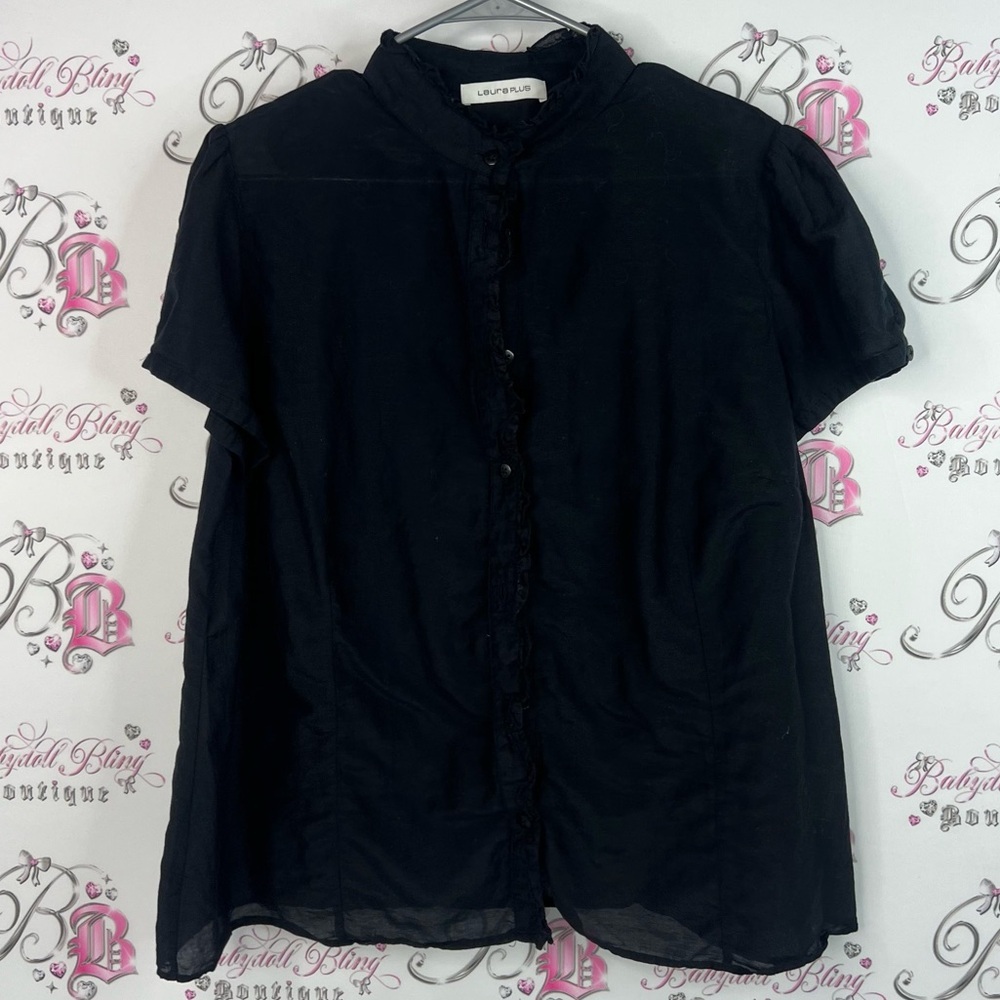 Laura button up blouse ruffle puff shoulder tshirt tee top Black Blouse